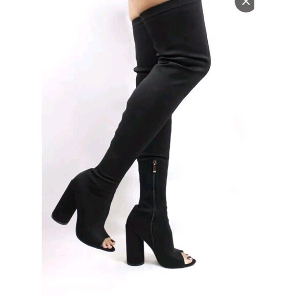Women's Over The Knee Boots Black Lycra Fits 6.5 To 7 Open Toe Chunky High Heel - Picture 2 of 9